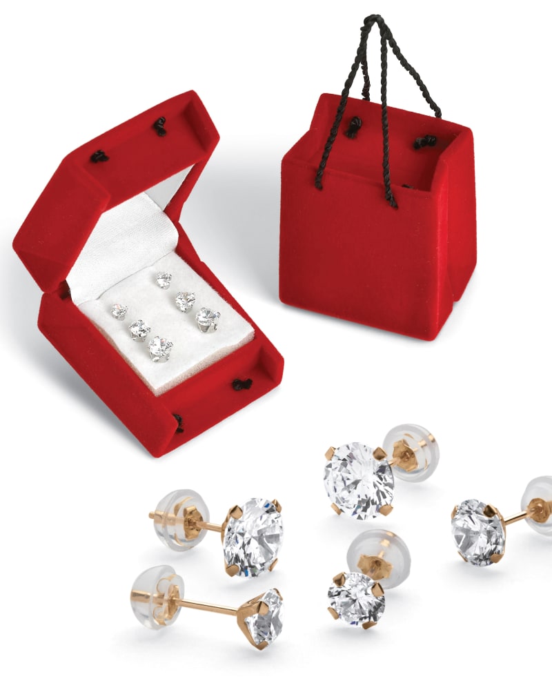 Front of a size One Size 3 Pair 5.15 TCW Round Cubic Zirconia Stud Earrings Set in 10k Gold in White by PalmBeach Jewelry. | dia_product_style_image_id:286089